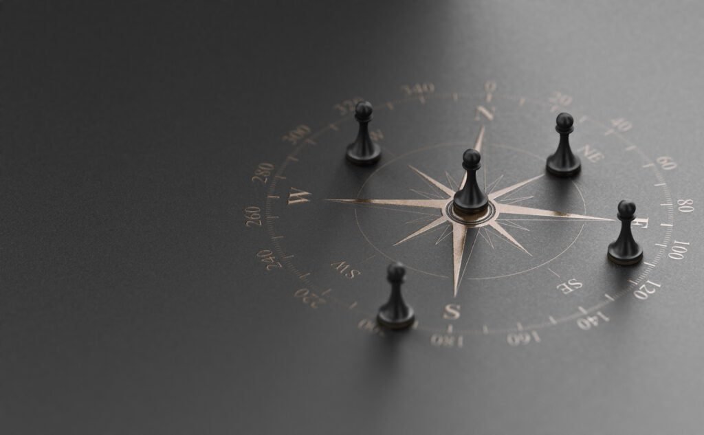 golden compass rose black background with five pawns business advice strategic marketing concept 3d illustration