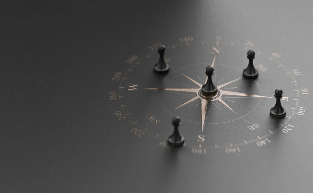golden compass rose black background with five pawns business advice strategic marketing concept 3d illustration