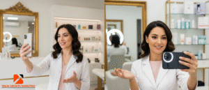 Esteticista gravando de Marketing para Estética
