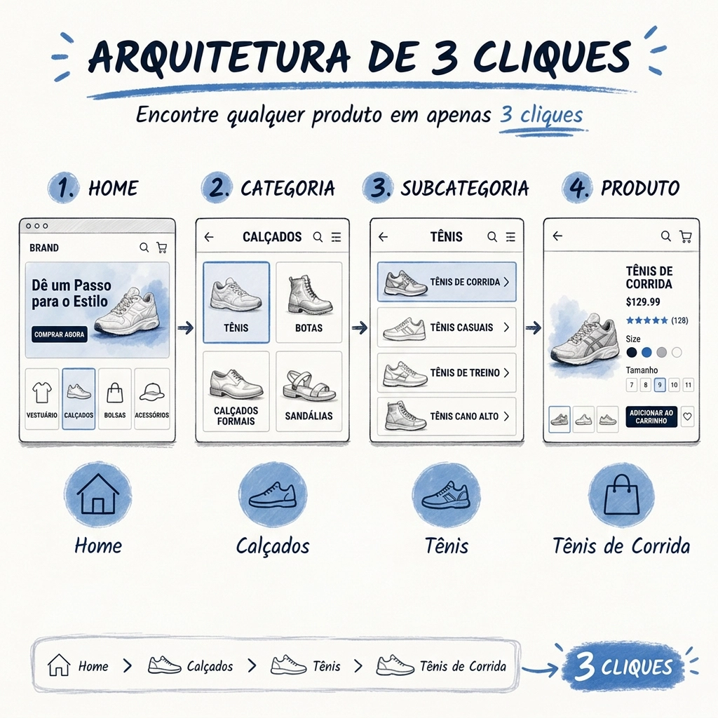 SEO para E-commerce: Passo a Passo Prático para Ranquear sua Loja Virtual 2 Arquitetura de 3 cliques