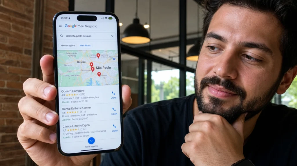 Pessoa usando Google Meu Negcio no celular procurando dentista.png