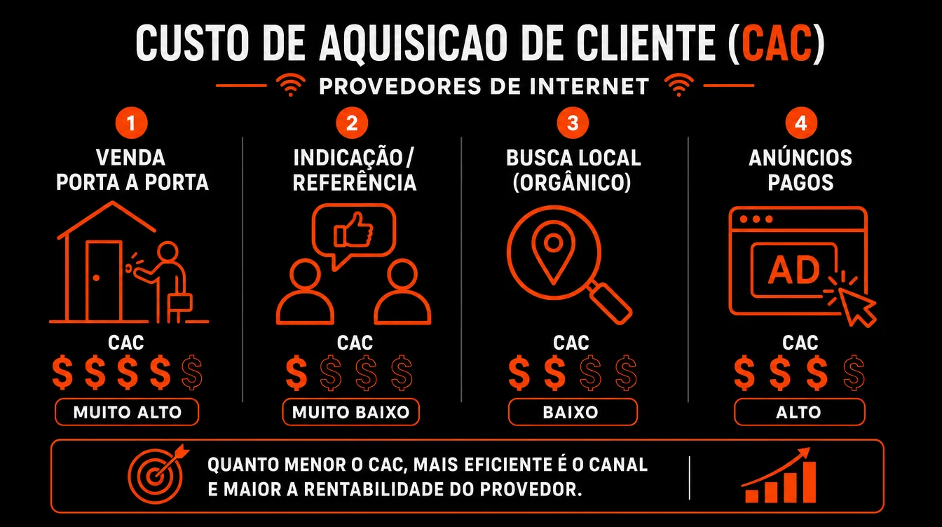 Infografico mostrando os canais de aquisicao de clientes de um provedor de internet: porta a porta, indicacao, busca local e anuncios pagos