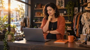Meu site não aparece no Google: dona de loja pensativa olhando o notebook na própria loja
