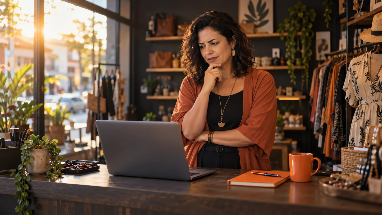 Meu site não aparece no Google: dona de loja pensativa olhando o notebook na própria loja