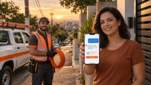 Site para provedor de internet: técnico de fibra óptica e moradora vendo no celular uma IA indicar o provedor da rua