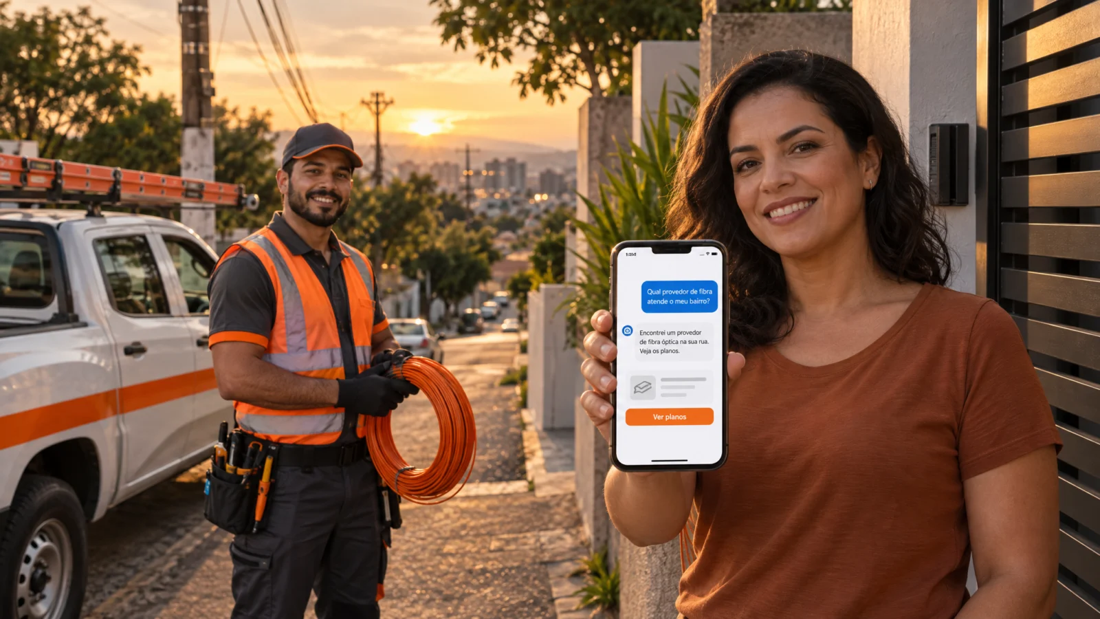 Site para provedor de internet: técnico de fibra óptica e moradora vendo no celular uma IA indicar o provedor da rua