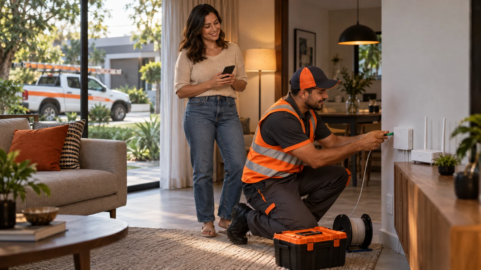 Técnico de fibra óptica uniformizado instalando a conexão na sala de uma cliente do provedor